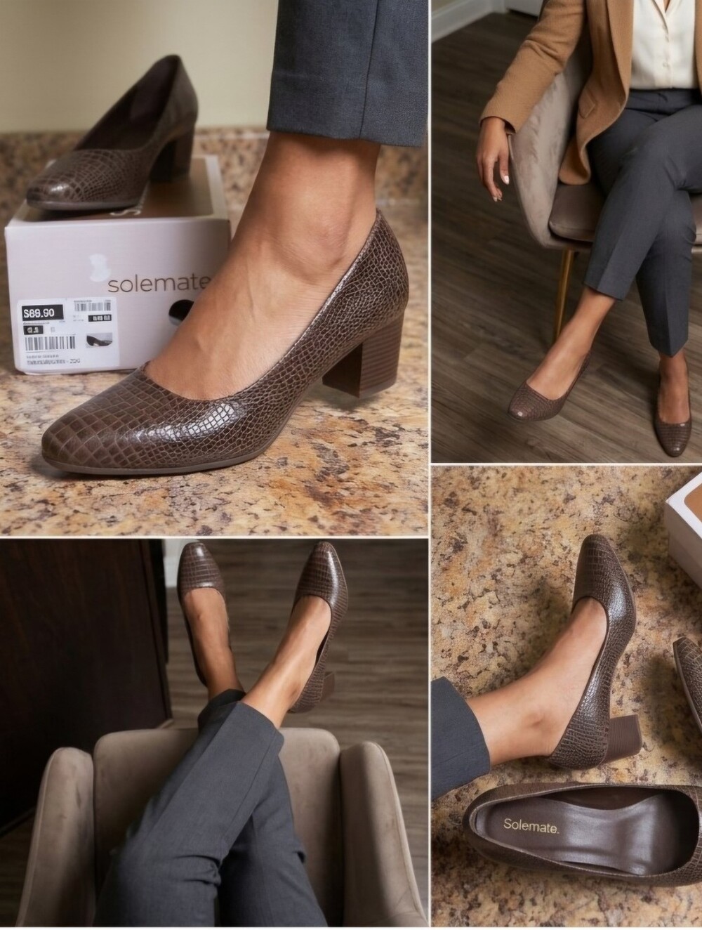 Brown Croc-Embossed Block Heel Pumps - Women